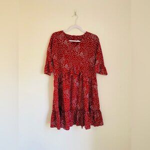 Red Polka Dot Ruffle Hem Dress With 3/4 Sleeves & V-Neckline Size M